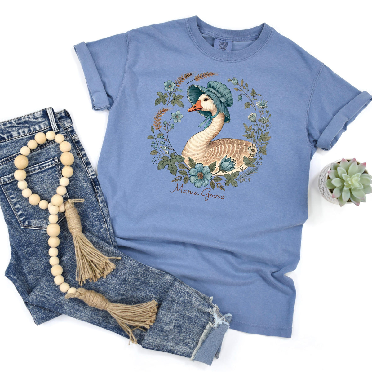 Blue jean T-shirt with blue bonnet goose floral wreath front print