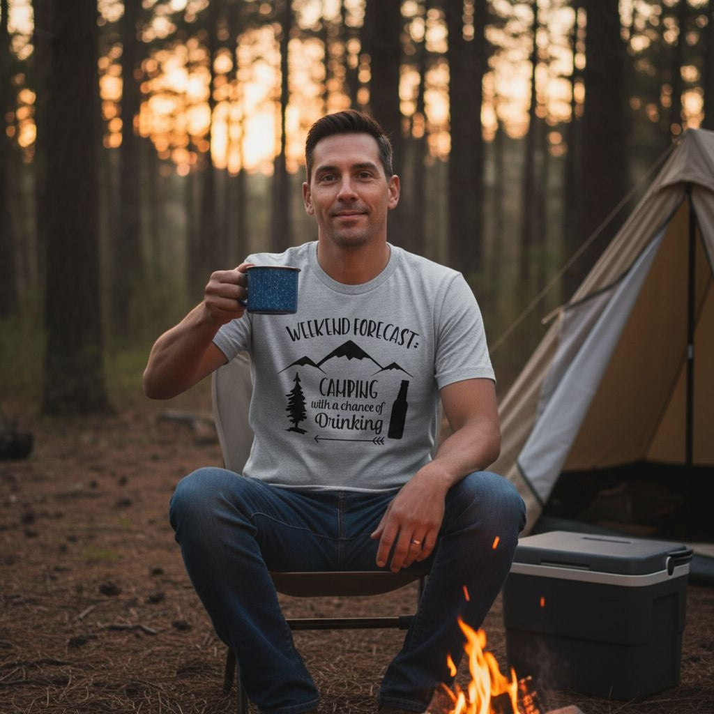 Light gray camping slogan t-shirt with “Weekend Forecast” cabin tree “chance of Drinking”