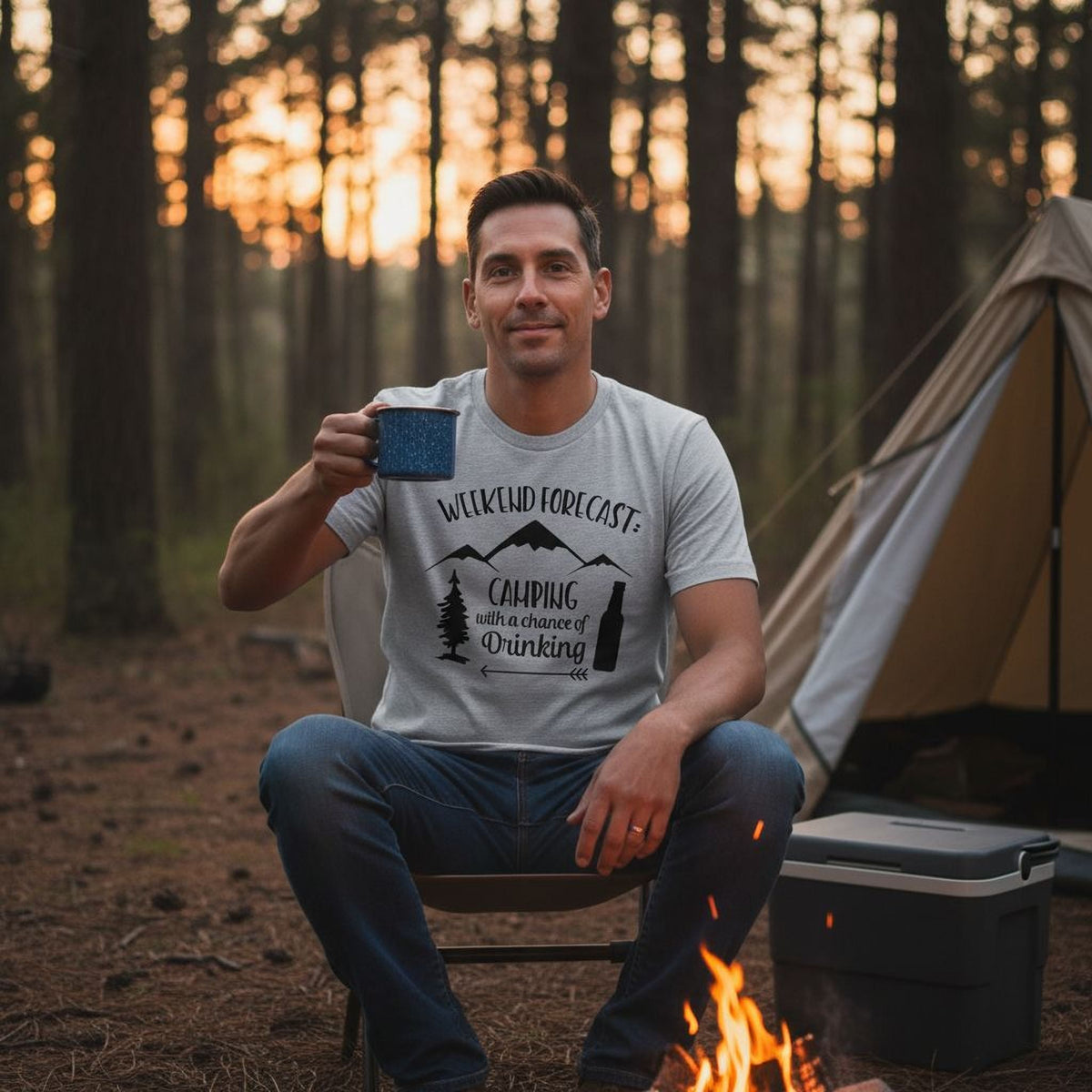 Light gray camping slogan t-shirt with “Weekend Forecast” cabin tree “chance of Drinking”