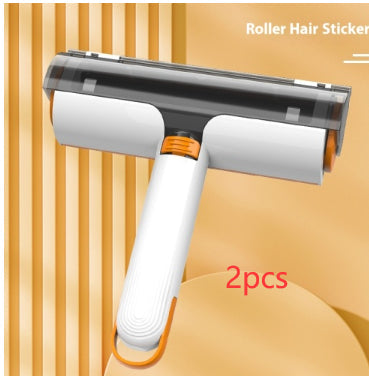 Pet hair roller brush set shown as 2pcs, white handle with orange accents and black drum
