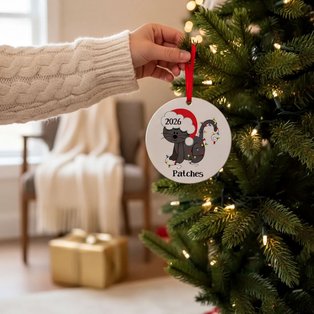 Round cat-themed Christmas ornament on a tree with red ribbon, 2026 “Patches”