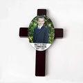 Maroon First Communion cross with photo panel and text 'Matt's First Communion May 7, 2014'