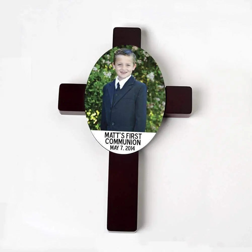 Maroon First Communion cross with photo panel and text 'Matt's First Communion May 7, 2014'