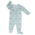 Baby zippered footie in light aqua with fishing-themed print, long sleeves, covered feet
