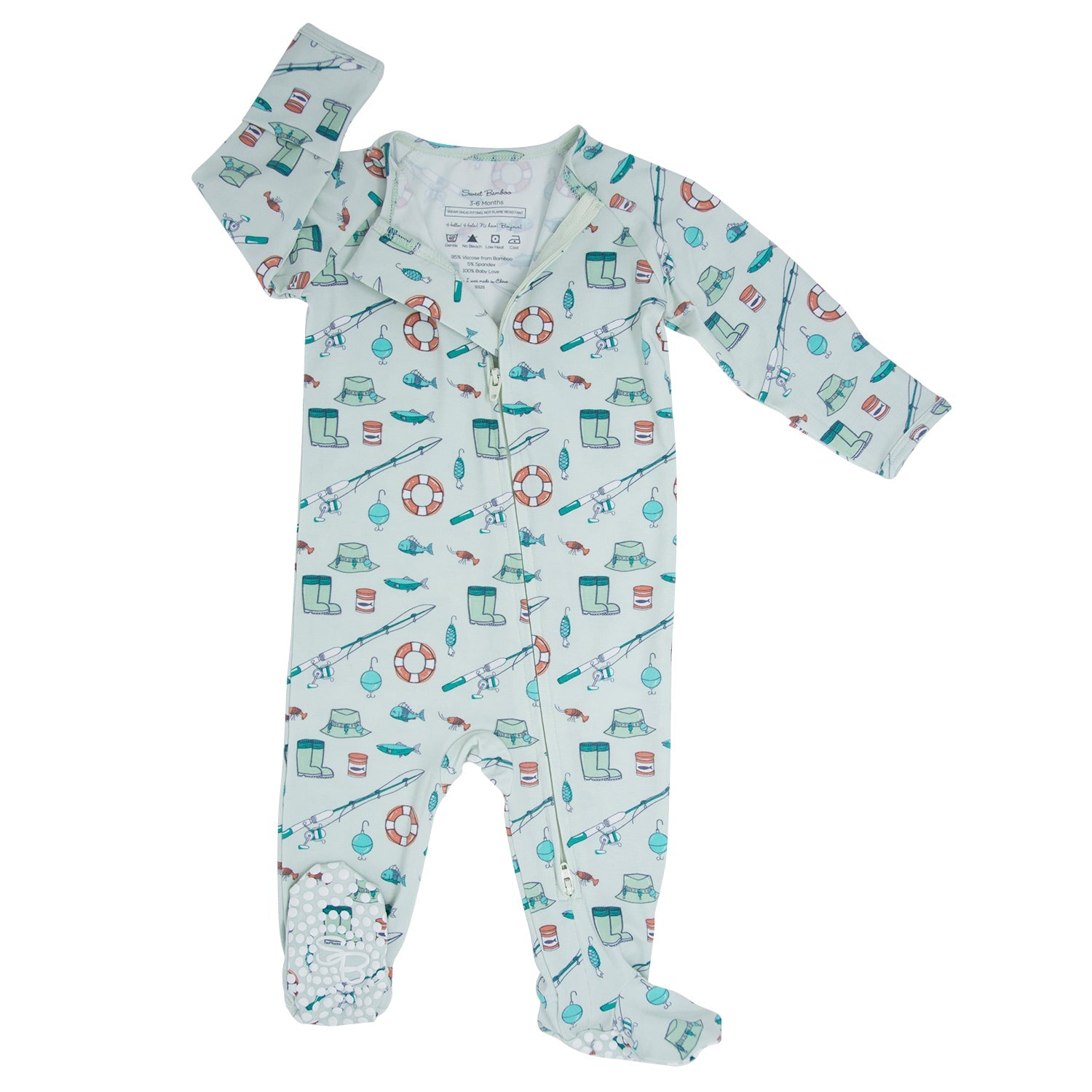 Baby zippered footie in light aqua with fishing-themed print, long sleeves, covered feet