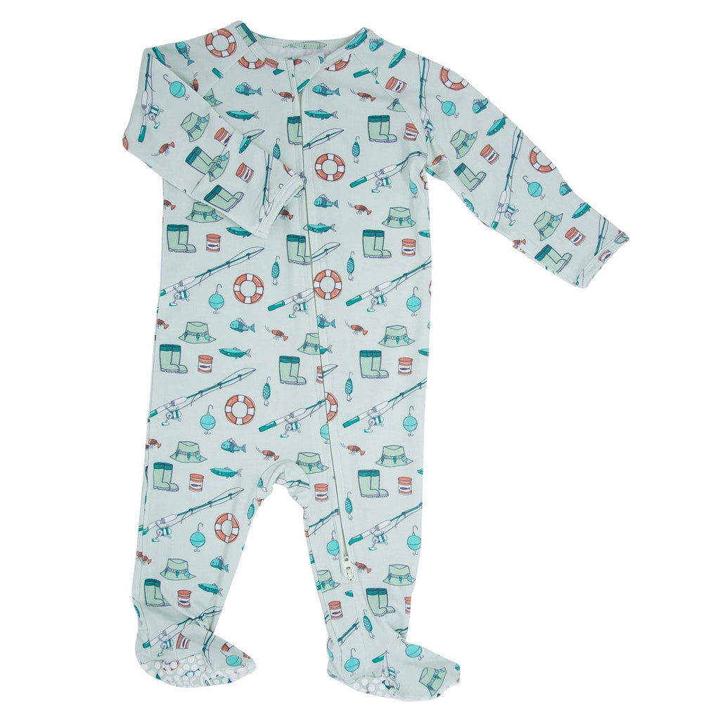 Baby zippered footie with fishing-themed print, long sleeves, and ribbed ankle cuffs
