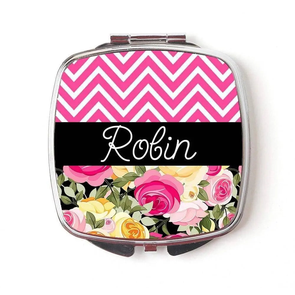Floral compact mirror with pink chevron top, rose design, and personalized name Robin