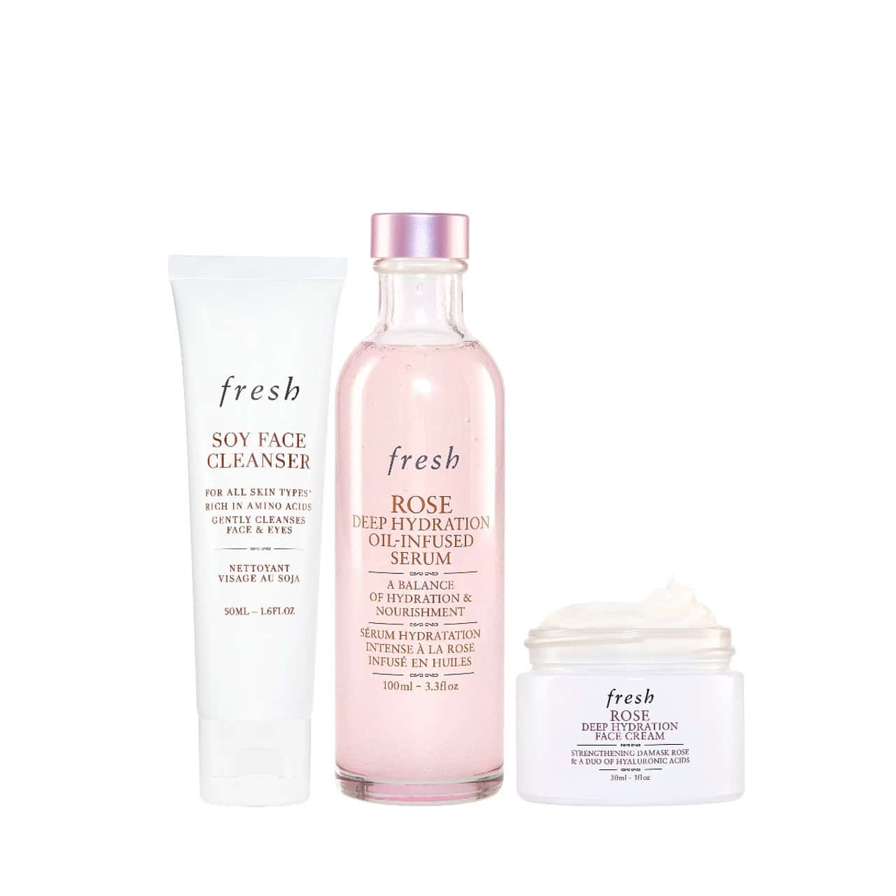 Hydrating skincare set with cleanser tube, rose essence bottle, face cream jar
