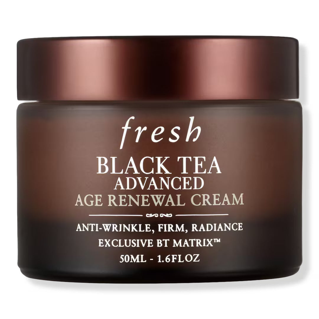 Fresh Black Tea Age Renewal Cream jar with black lid, brown front label, 50 mL.