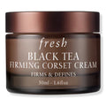 Skincare firming corset cream jar, brown glass with black lid, Fresh Black Tea label