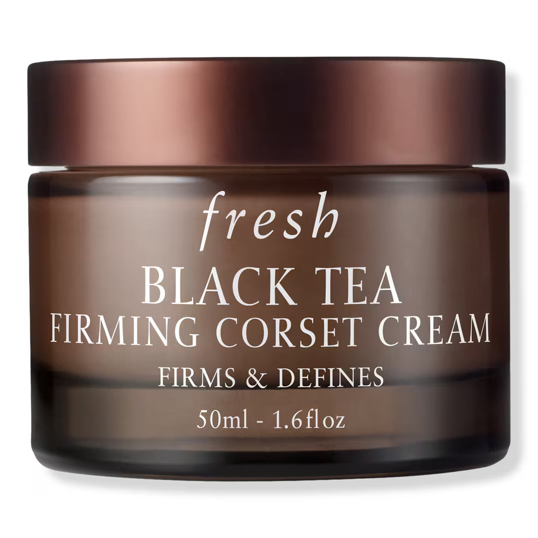 Skincare firming corset cream jar, brown glass with black lid, Fresh Black Tea label