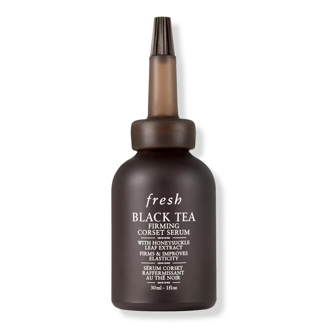 Serum bottle with dropper, dark brown glass, Fresh Black Tea label