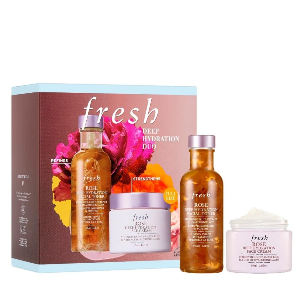 Rose deep hydration duo skincare set with toner bottle and face cream jar in box