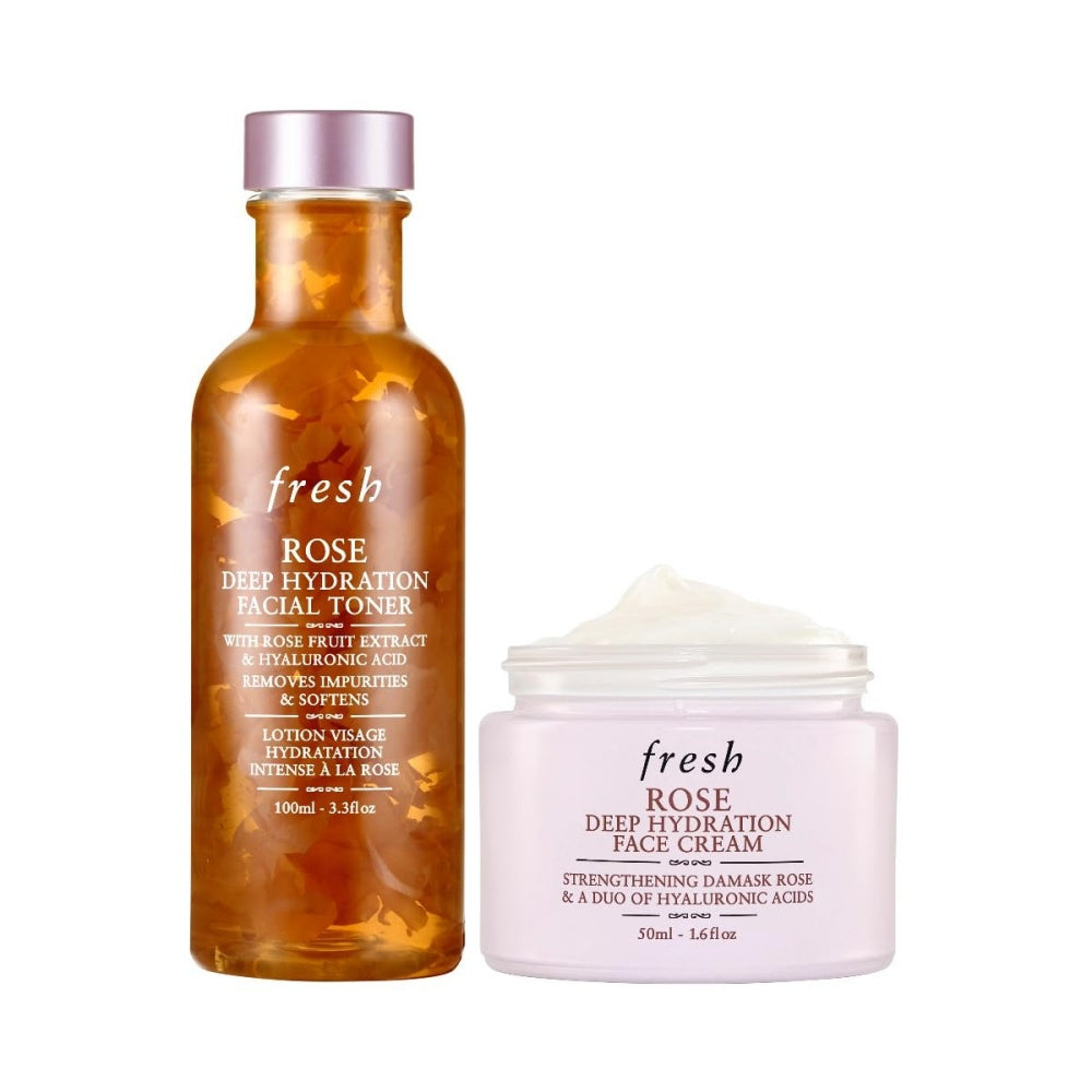 Rose facial toner bottle and rose face cream jar