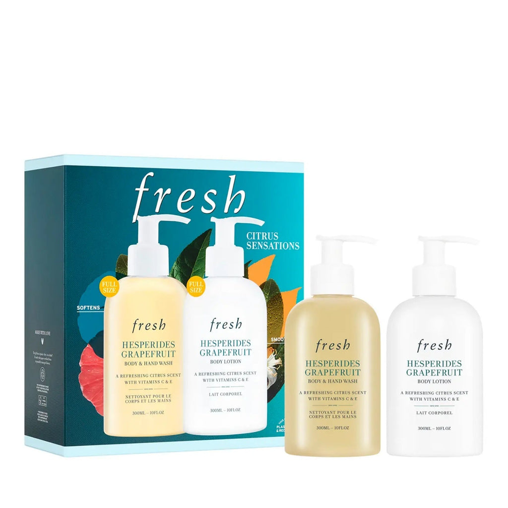 Citrus shower gel and body lotion set with three pump bottles and gift box