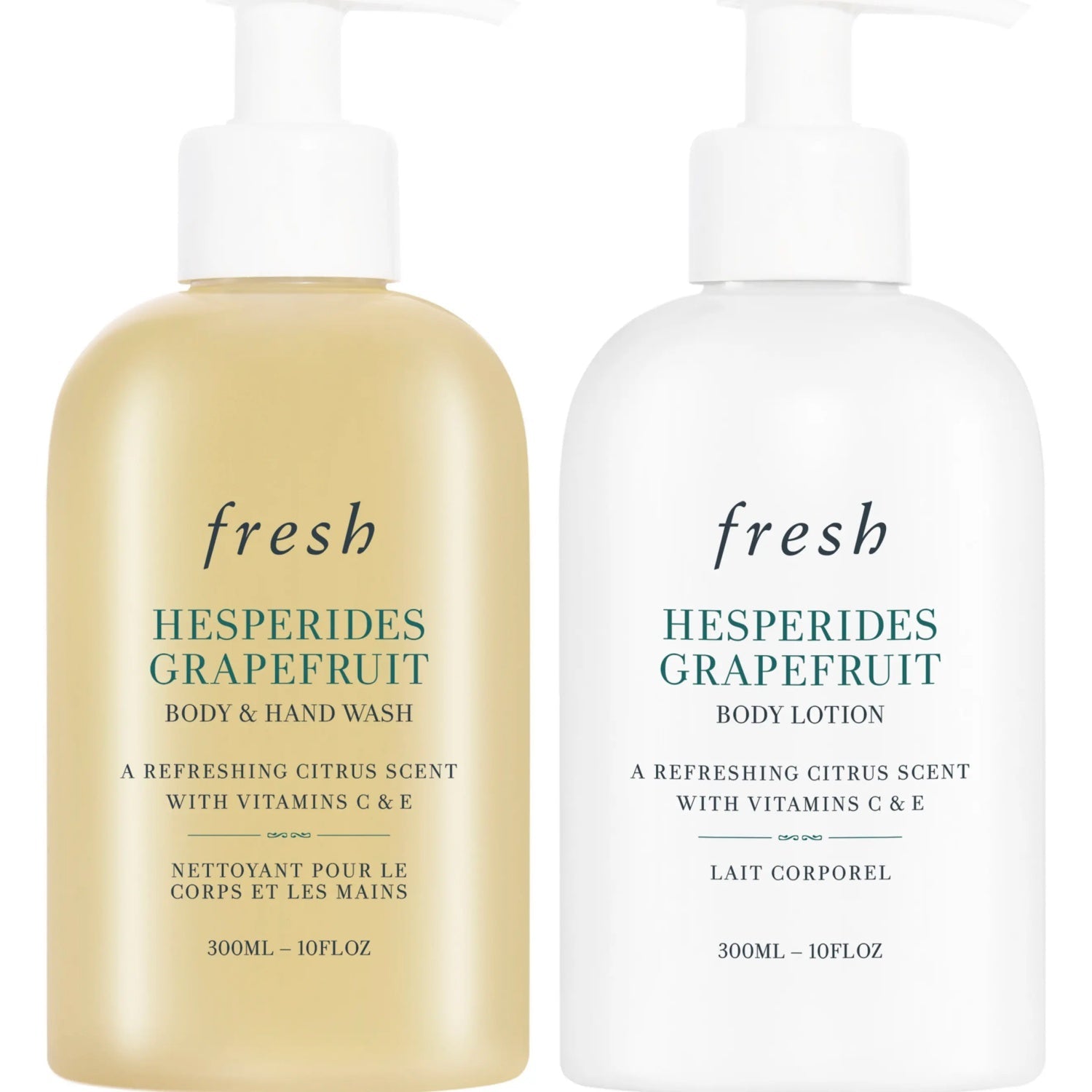 Hesperides Grapefruit body wash and body lotion bottles with white pump tops