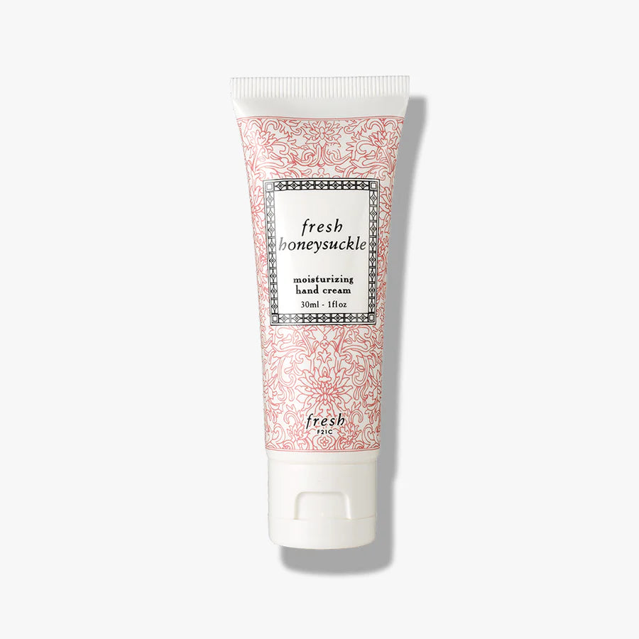 Fresh honeysuckle hand cream tube, white cap and pink floral label