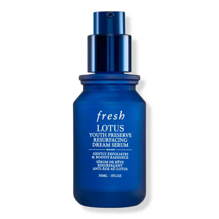 Blue glass AHA resurfacing serum bottle with spray pump