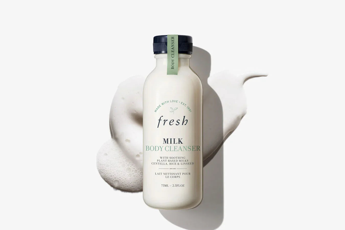 Milk body cleanser bottle, fresh scent, blue cap and green label, 250 mL