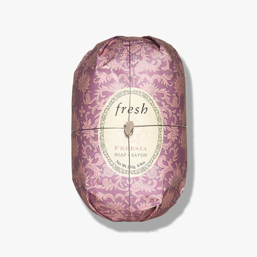 Fresh oval soap, Freesia scented, mauve damask oval wrapper with round front label