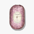Fresh oval soap, Freesia scented, mauve damask oval wrapper with round front label