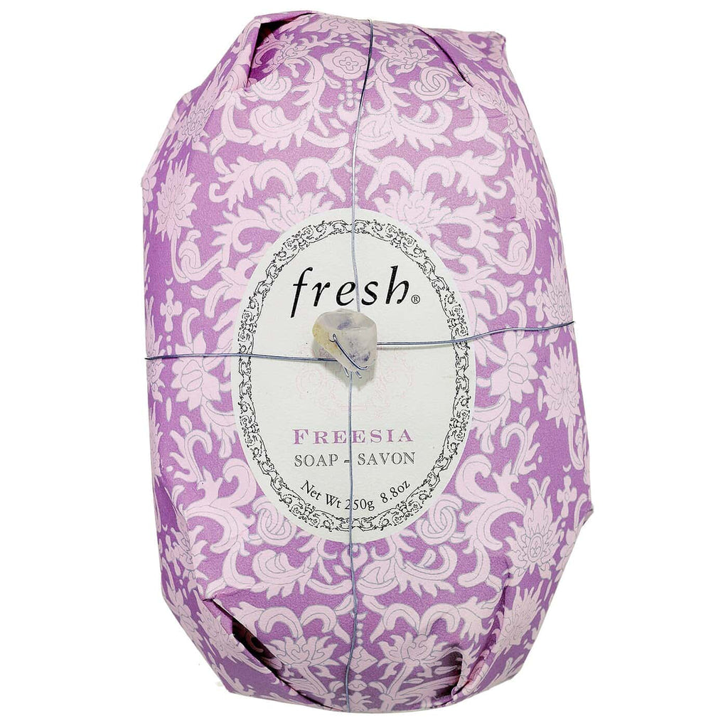 Fresh oval soap, Freesia scented, purple damask wrapper with round front label