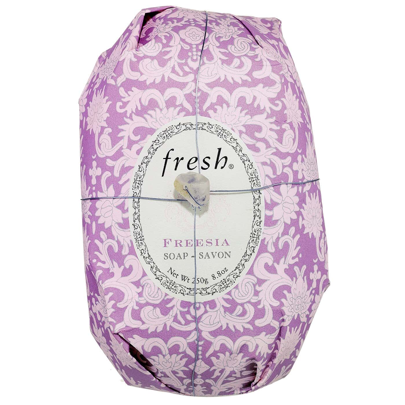 Fresh oval soap, Freesia scented, purple damask wrapper with round front label