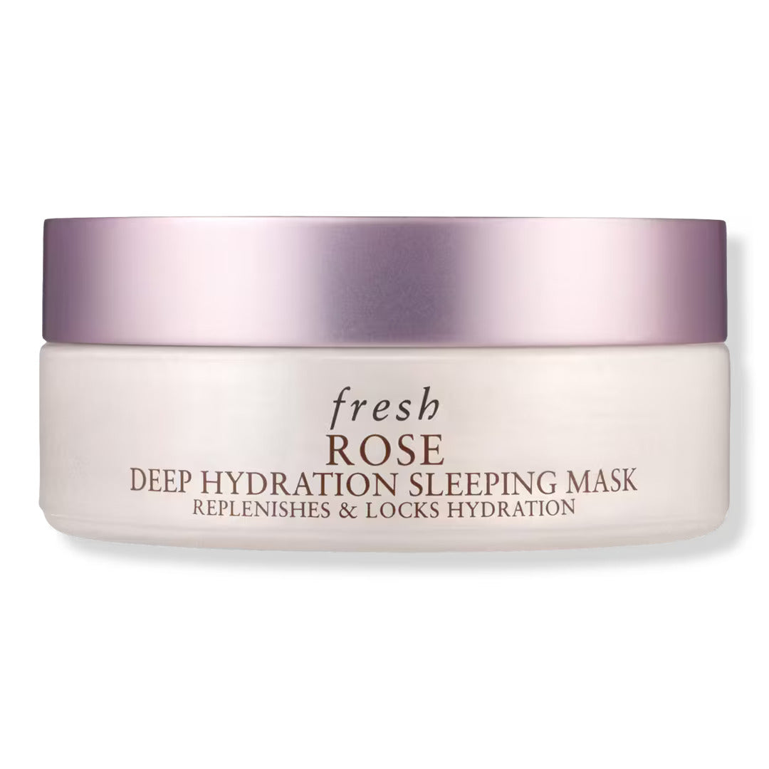 Rose hydration sleeping mask jar with lavender lid and cream label