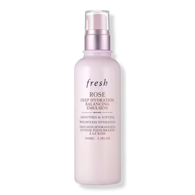 Hydration emulsion bottle, frosted pink glass with silver pump and rose label