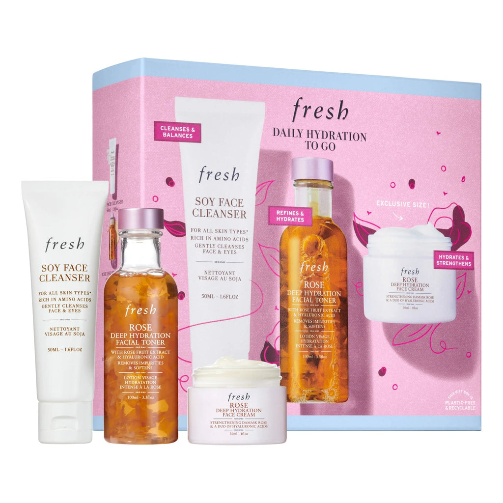 Skincare hydration set with rose toner, face cleanser tube, and face cream jar
