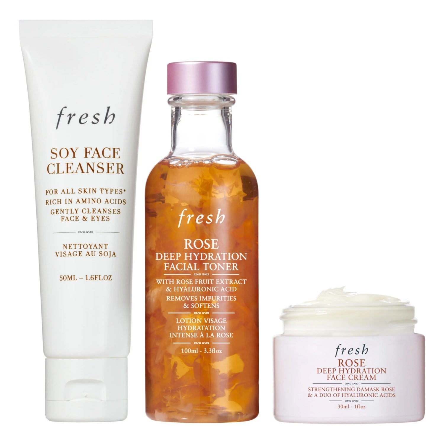 Set of fresh rose toner, soy face cleanser tube, and rose face cream jar