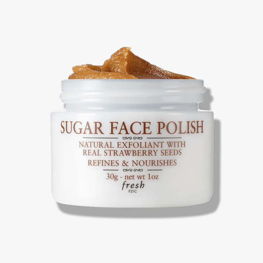 Fresh sugar face polish exfoliator jar with white lid and label, 30g net.