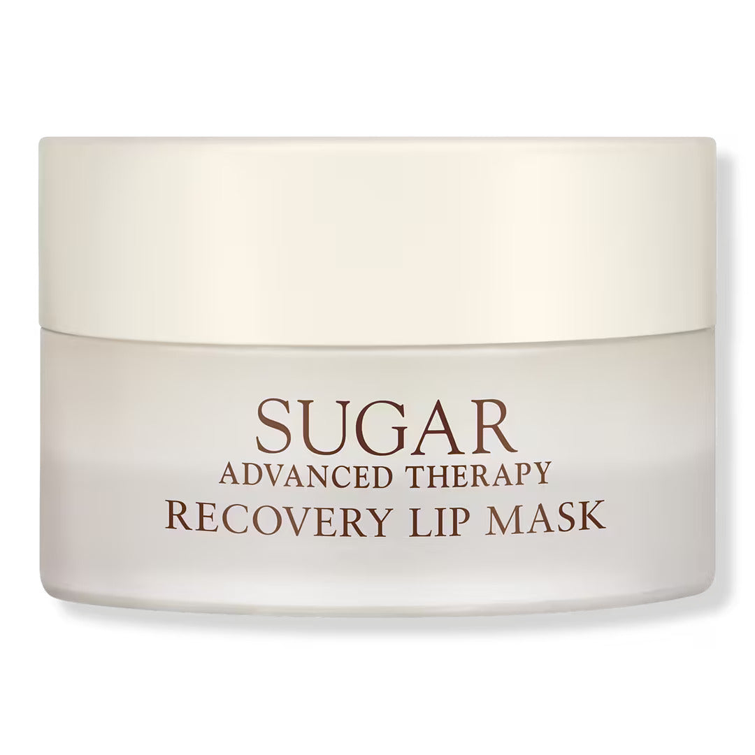 Sugar Advanced Therapy Recovery Lip Mask jar, white cap and light cream container.