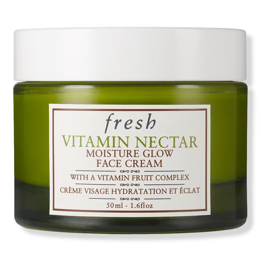 Green glass moisturizer jar with white lid and Fresh label, 50 ml face cream