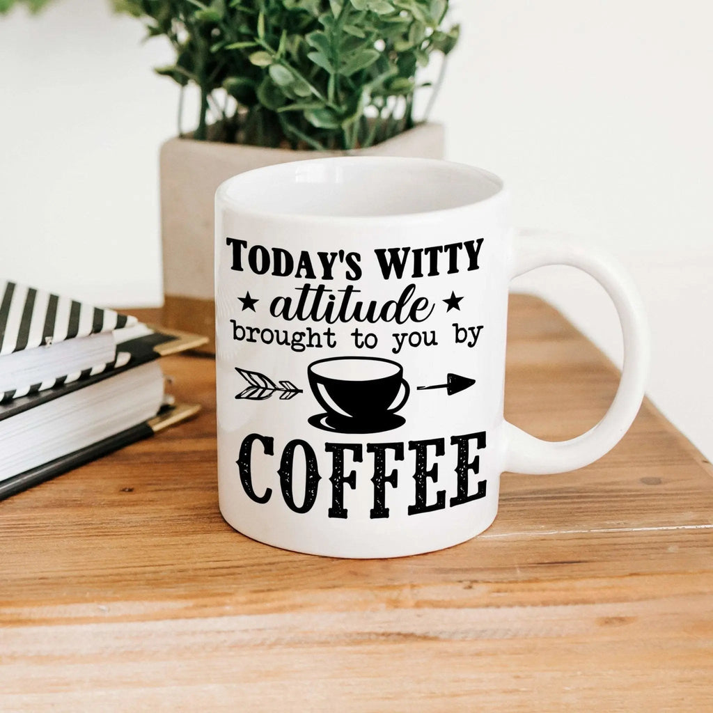 White coffee mug with 'Today’s Witty Attitude' and 'COFFEE' text