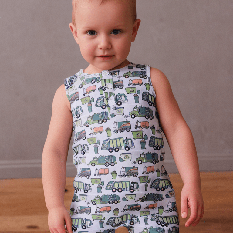 Sleeveless romper worn by baby, white base with multicolor truck print