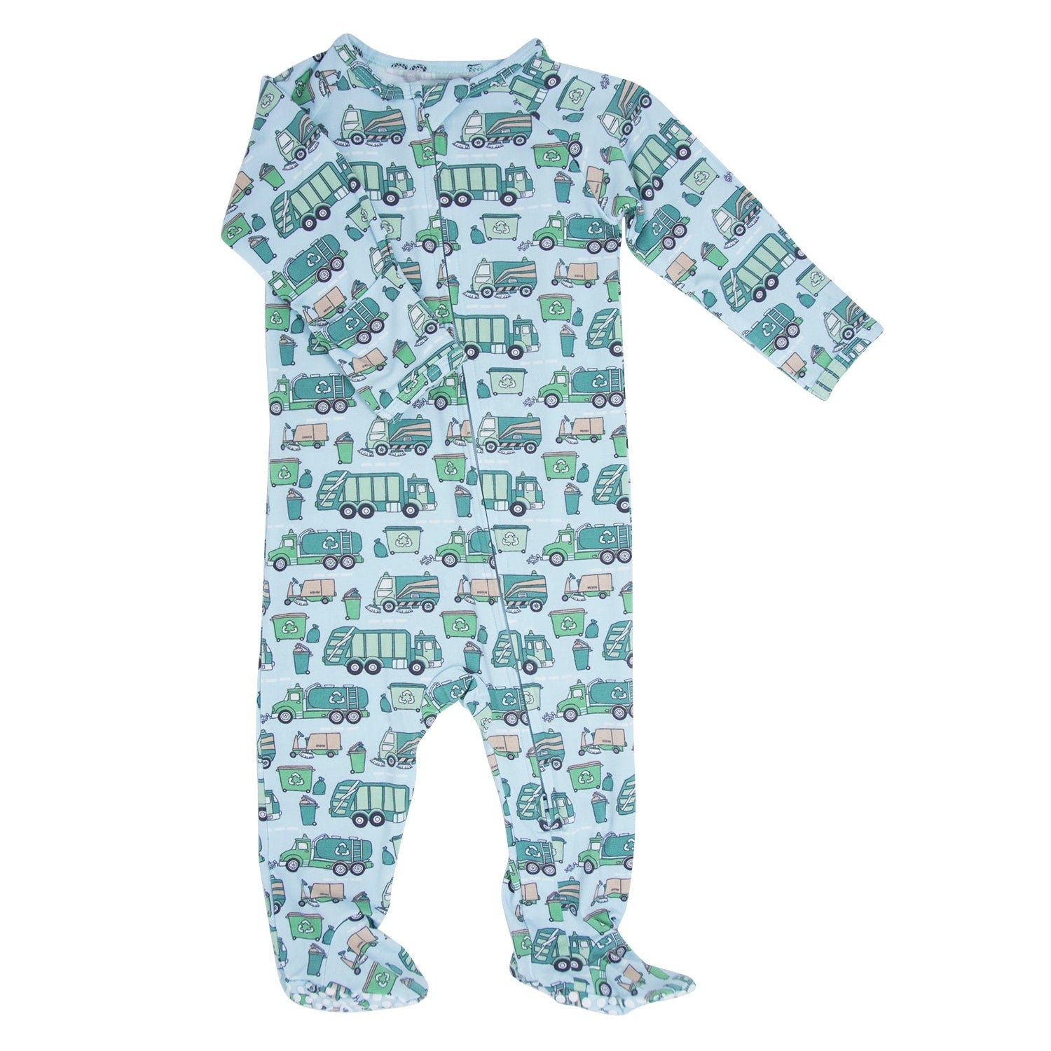 Light blue truck printed zip-front footie with long sleeves and footed legs