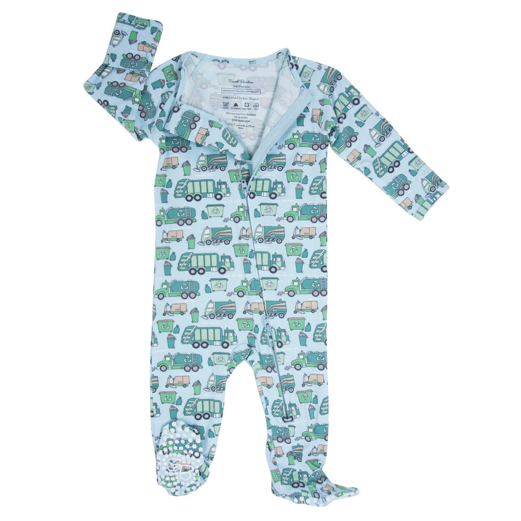 Light blue truck printed zip-front footie with long sleeves and footed legs