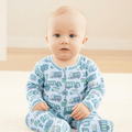 Light blue printed zipper footie with long sleeves, worn by baby boy