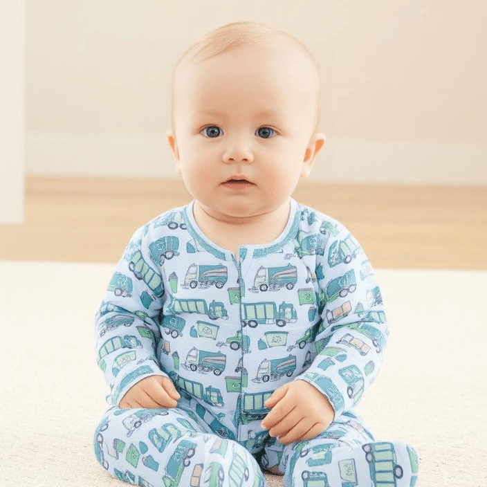 Light blue printed zipper footie with long sleeves, worn by baby boy