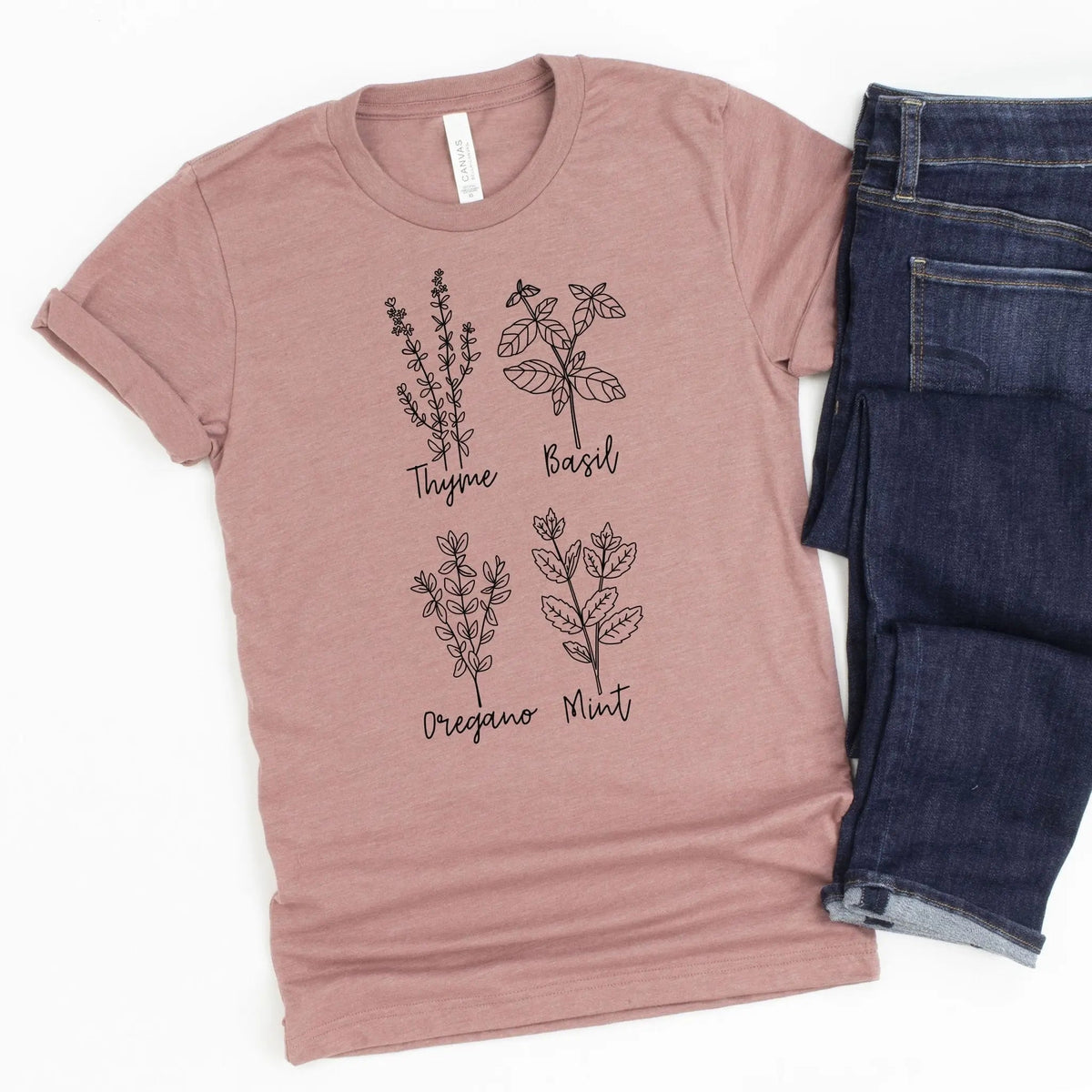 Mauve unisex T-shirt with botanical herb names and leaf illustration, crew neck
