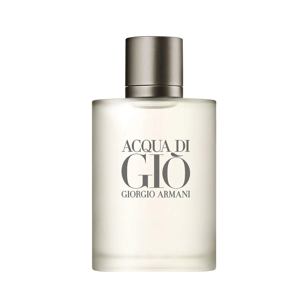 Eau de Toilette fragrance bottle by Giorgio Armani, silver cap, frosted light tint