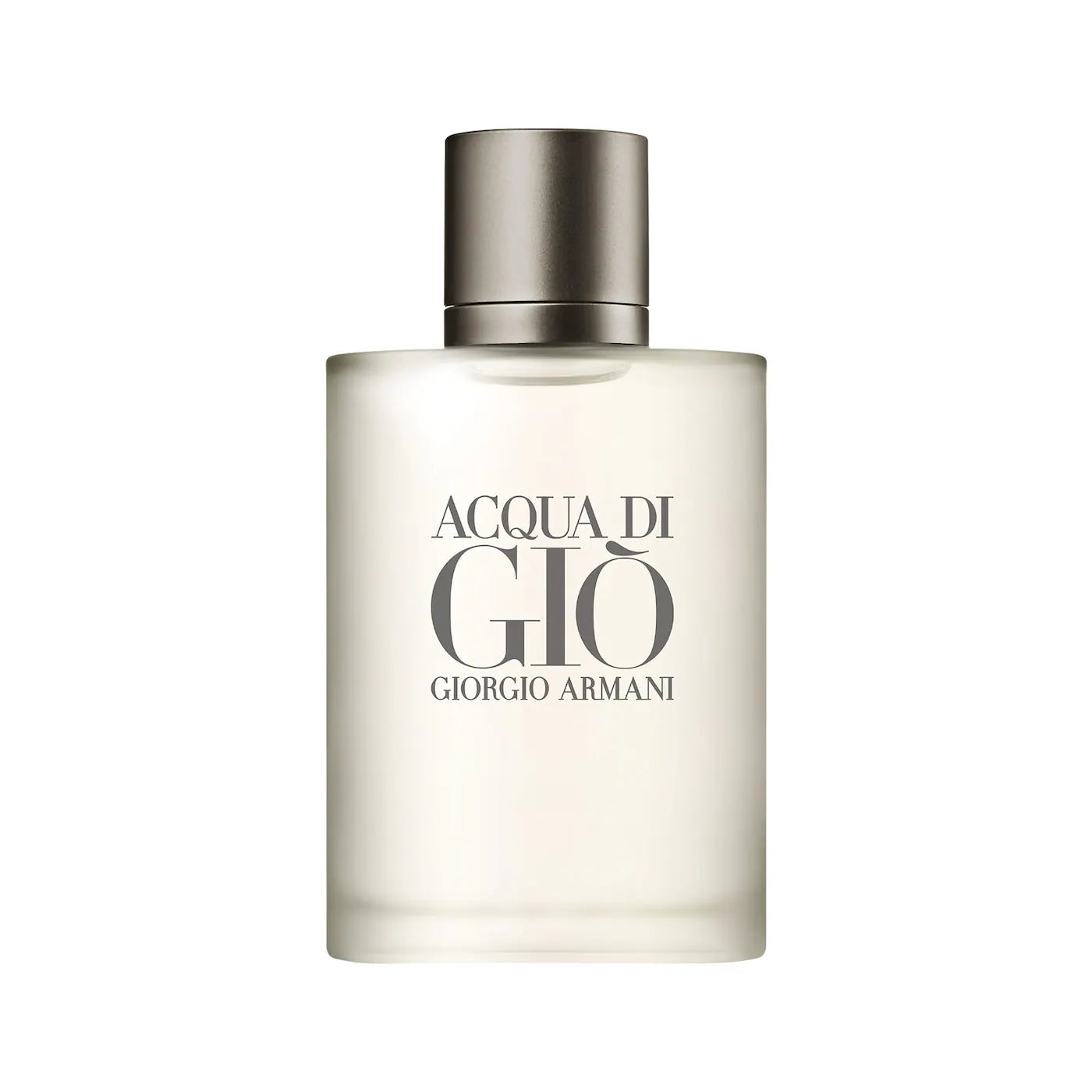 Eau de Toilette fragrance bottle by Giorgio Armani, silver cap, frosted light tint