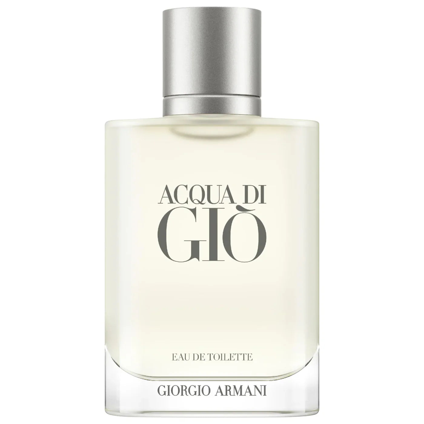 Eau de Toilette fragrance bottle with silver cap and cream label