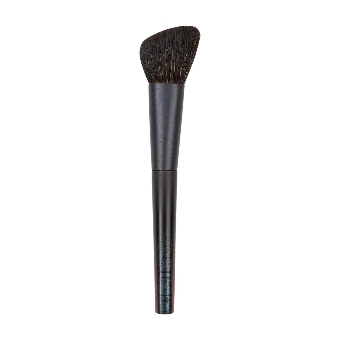 Sculpting makeup brush with dark bristles and tapered dark handle