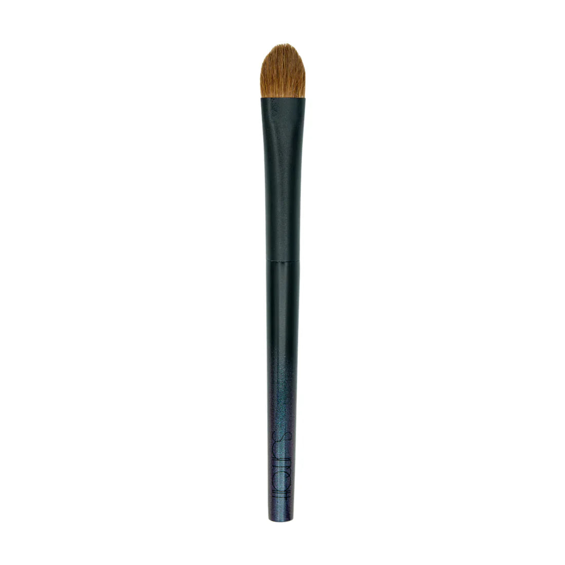 Complexion makeup brush with black handle and tapered brown bristles