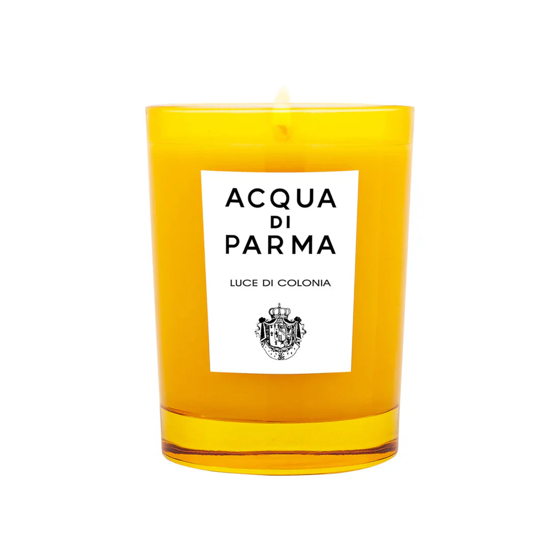 Acqua di Parma candle in yellow glass jar, front label, lit flame