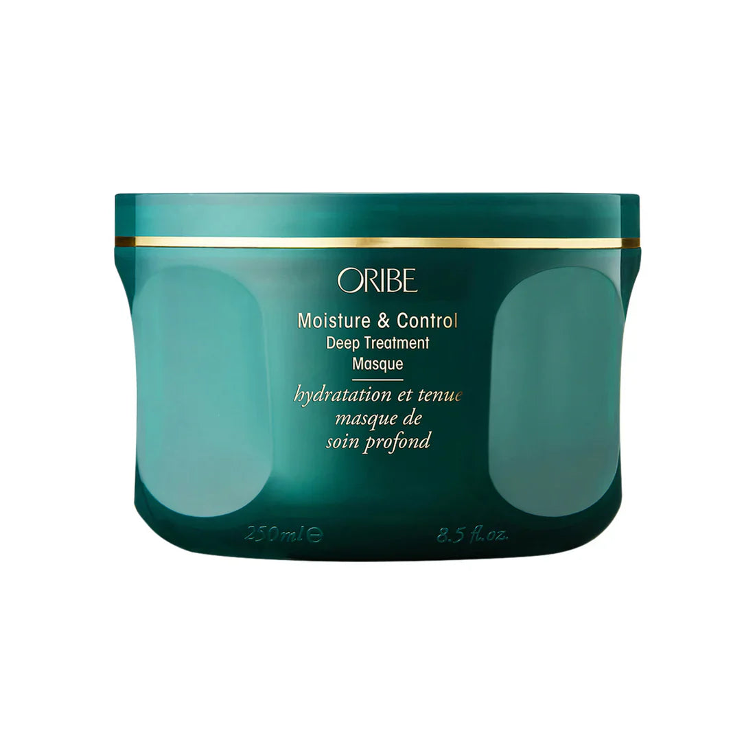 Oribe teal hair masque jar with gold band, Moisture & Control Deep Treatment Masque label