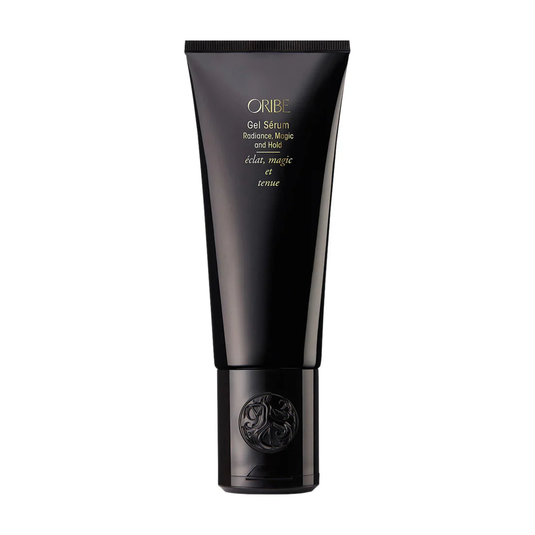 Oribe gel serum in a dark squeeze tube with embossed rose emblem