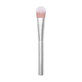 Makeup brush with soft pink bristles and a silver metal handle